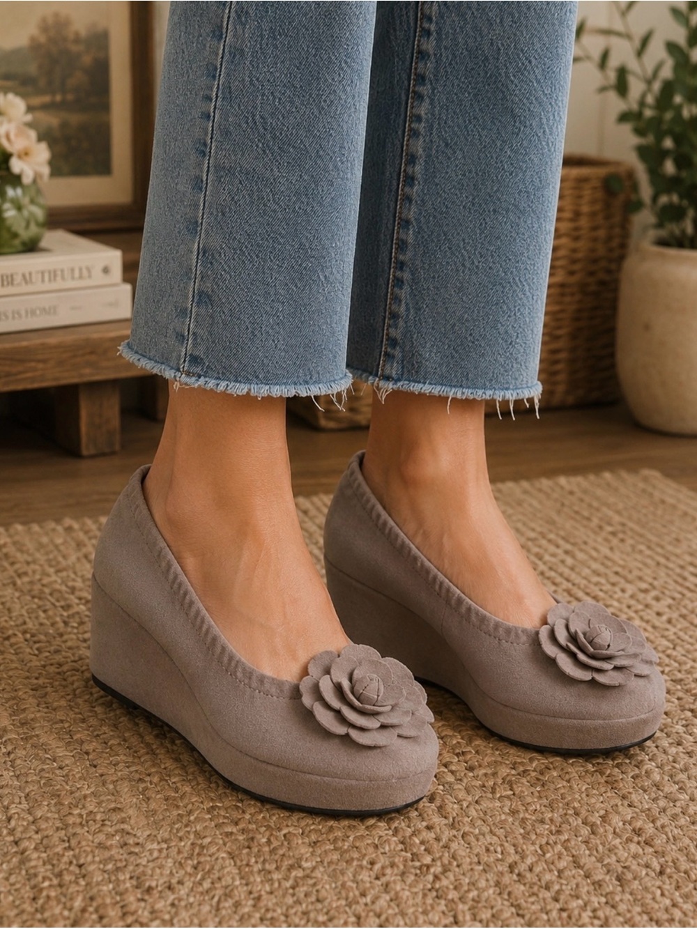 Restricted Delilah Taupe Floral Appliqué Wedge Platform Ballet Flats SZ 10 NWOT